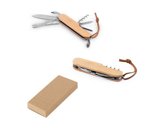 RYKER. Canivete multifunções em bambu e aço inox com cordão em PU com 7 funções