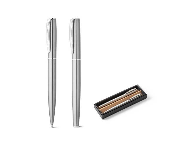 ELLA. Conjunto de roller e esferográfica com corpo em aço inox 53% reciclado com escrita em preto