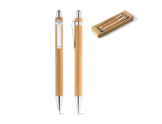 Conjunto de esferográfica com escrita em azul e lapiseira, ambas em bambu