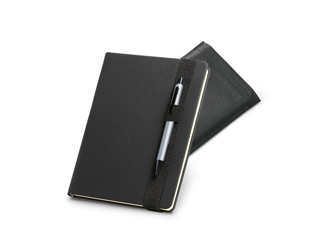 Caderno capa dura. C. sinttico. Com porta esferogrfica e 140 folhas n