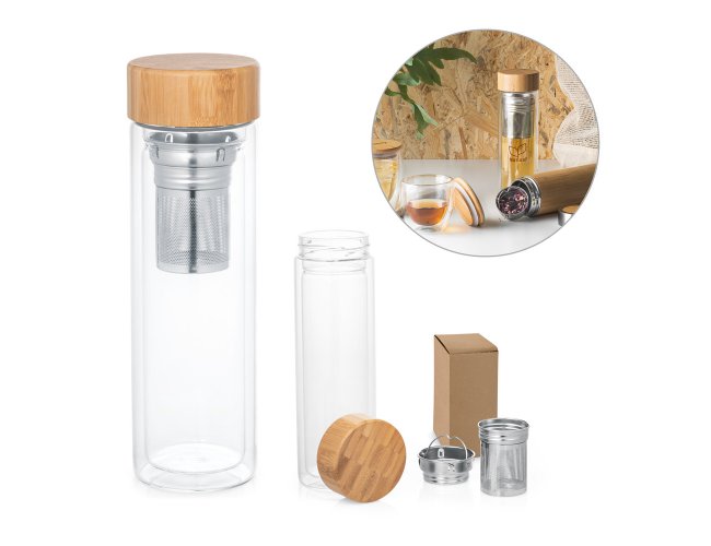 Garrafa em vidro parede dupla trmica com tampa em bambu e 2 infusores 490 mL