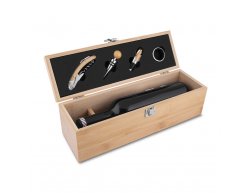 Kit Vinho em bambu com interior em EVA e fecho em inox, suporte para garrafa de vinho de 750 ml (padro). Contm: saca-r